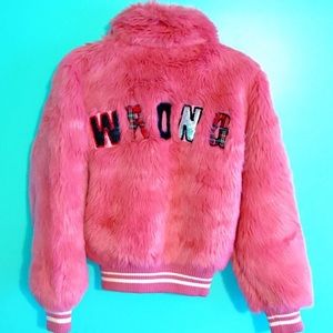 Lazy Oaf style Pink "WRONG" faux fur coat jacket